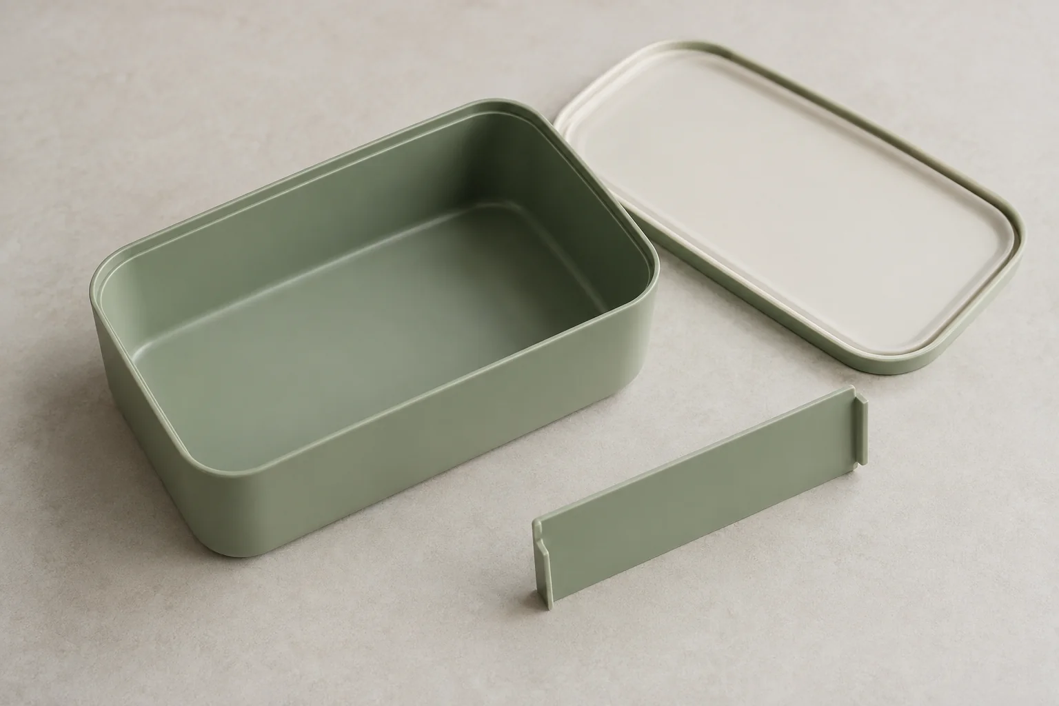 Separate lunch container base, fitted lid and removable divider shown for a modular interface review