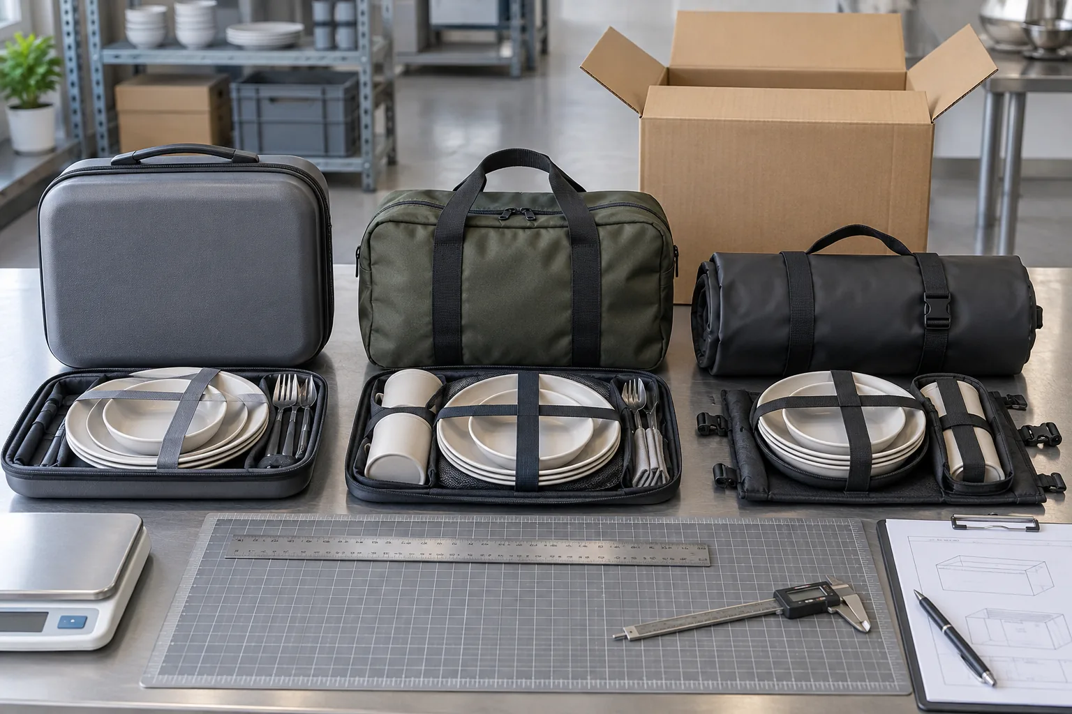 Review packed dimensions before carton approval Rigid case, soft bag and roll-top tableware carrier aligned with measuring tools and an export carton