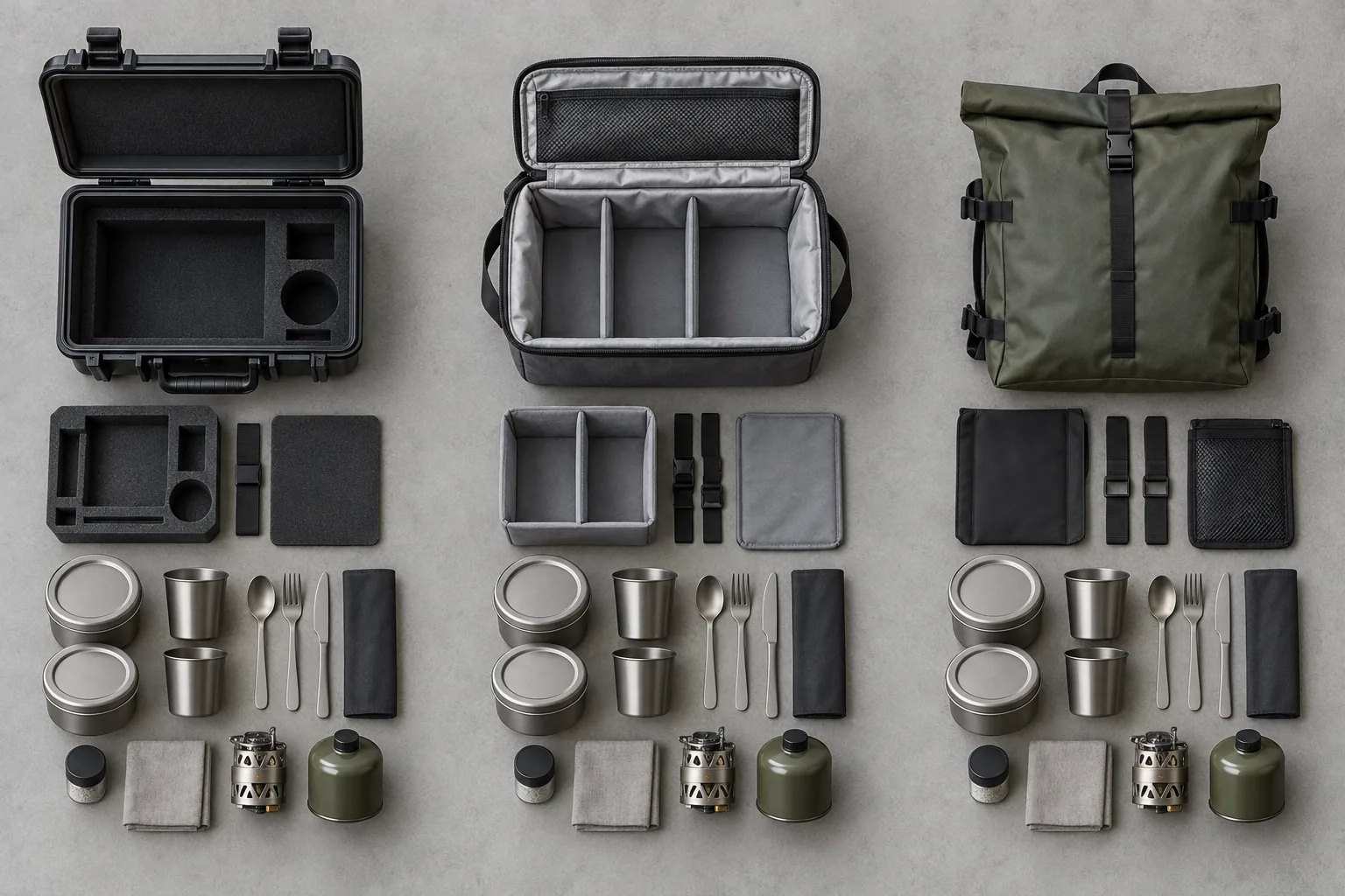 Compare usable space and component retention Top-down packing layouts comparing the same tableware set inside a rigid case, soft bag and roll-top carrier