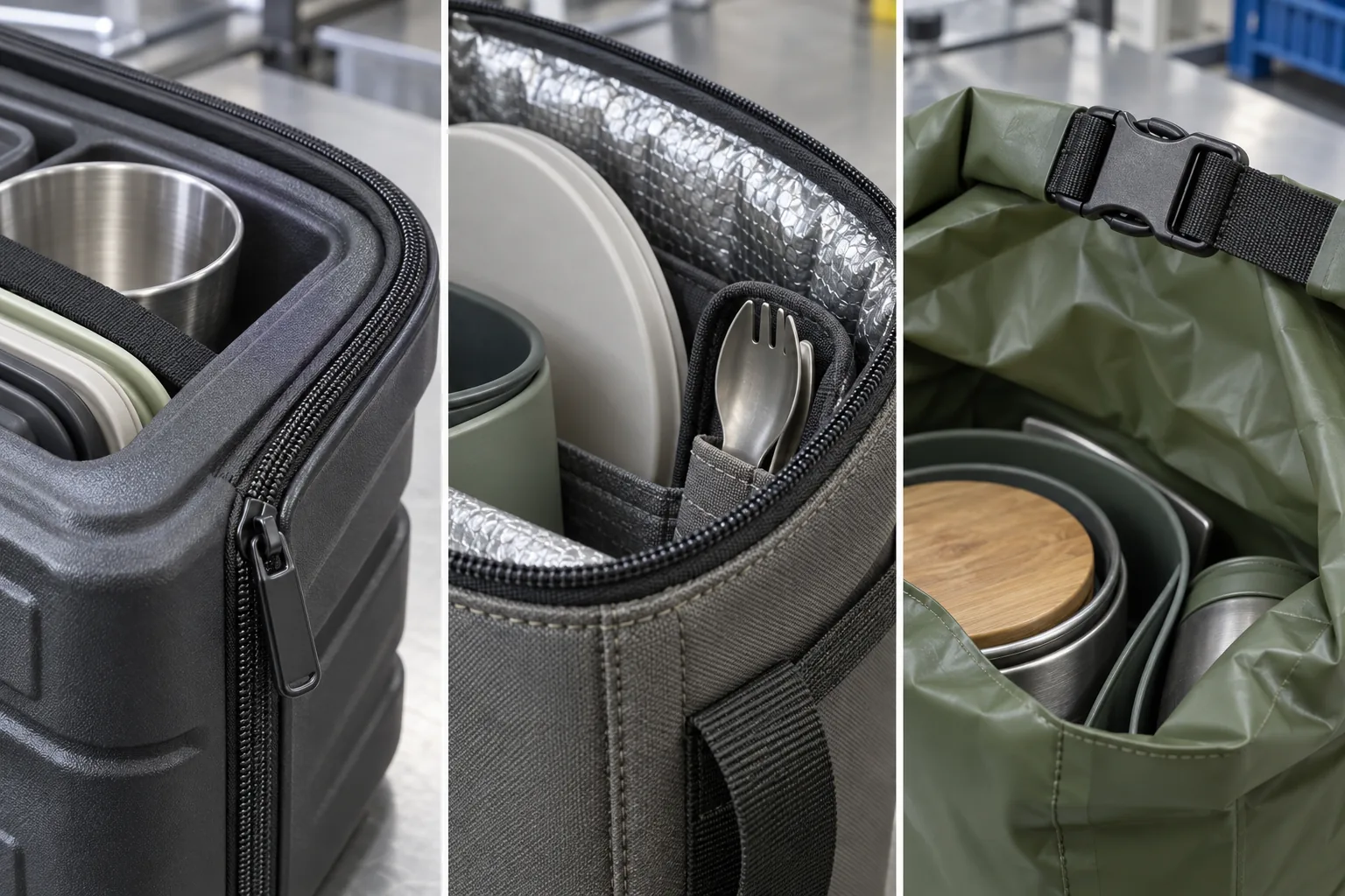 Inspect carrier protection and closure details Close-up comparison of a rigid shell zipper, padded soft-bag seam and roll-top buckle used for tableware carriers