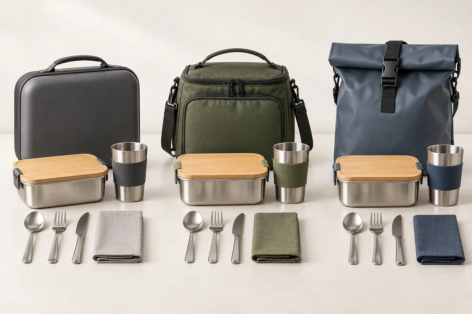 Compare three portable tableware carrier formats Rigid case, insulated soft bag and roll-top carrier displayed with the same portable tableware components