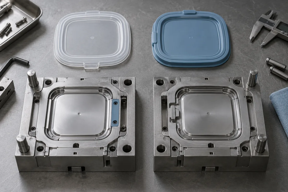 Two precision mold halves and a lunch-box base arranged for an existing-tooling geometry review