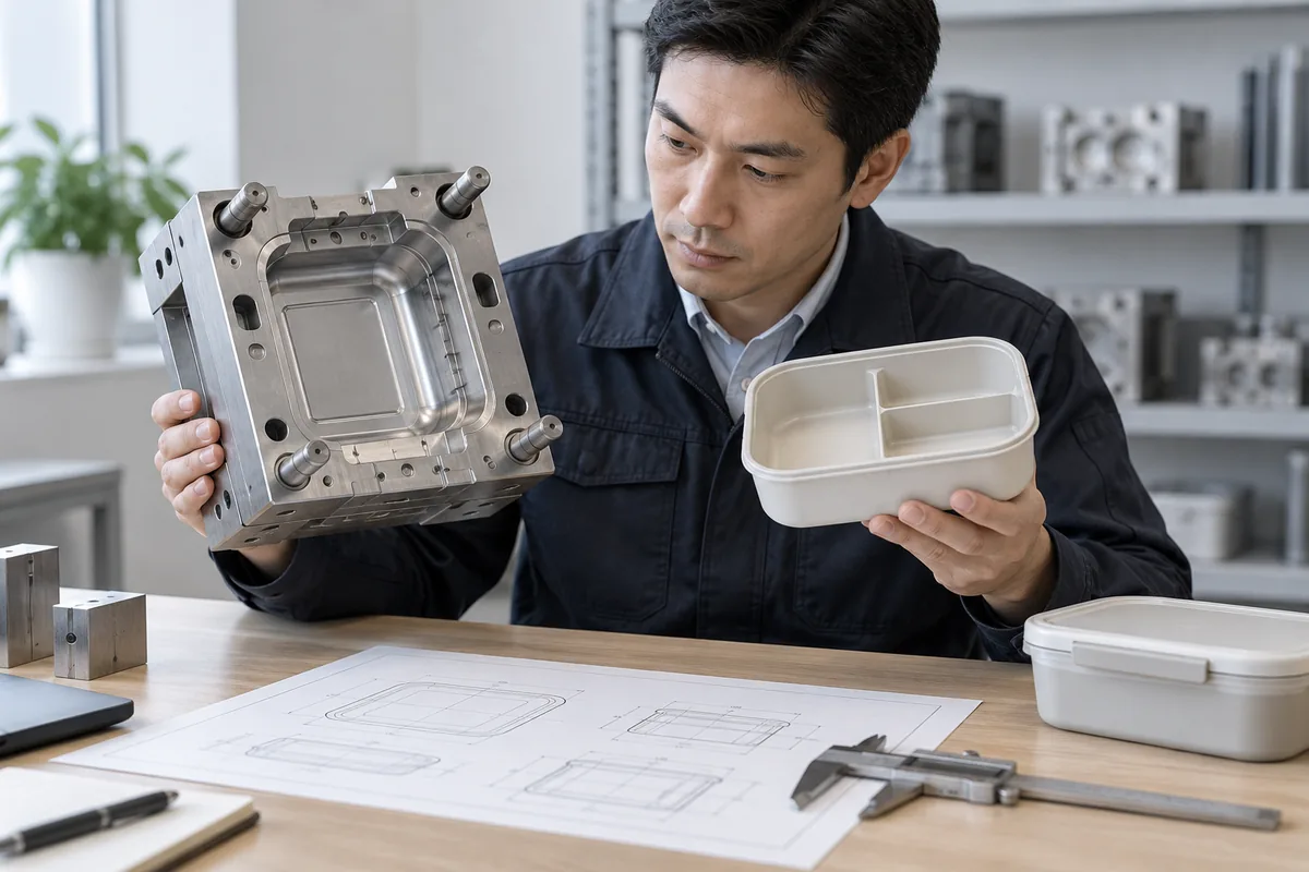 Product engineer and buyer reviewing a new lunch-container mold concept and sample parts on a screen