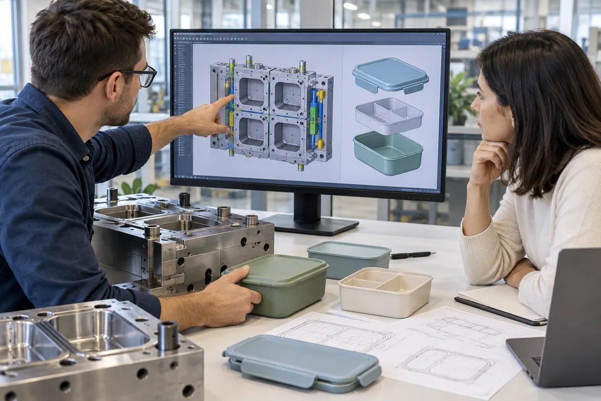 Review the proposed modification boundary with samples and drawings Buyer and engineer reviewing a mold layout on a monitor alongside container samples and tooling