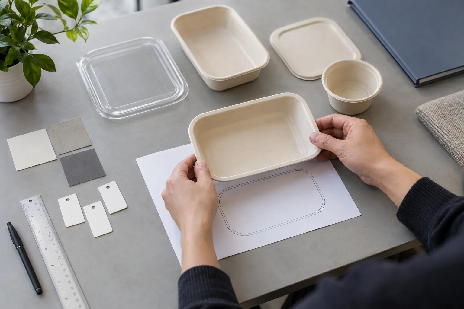 Trace a supplier case study through samples, revisions, and component decisions Unbranded tableware components, blank revision tabs, color swatches and a ruler arranged for a product review