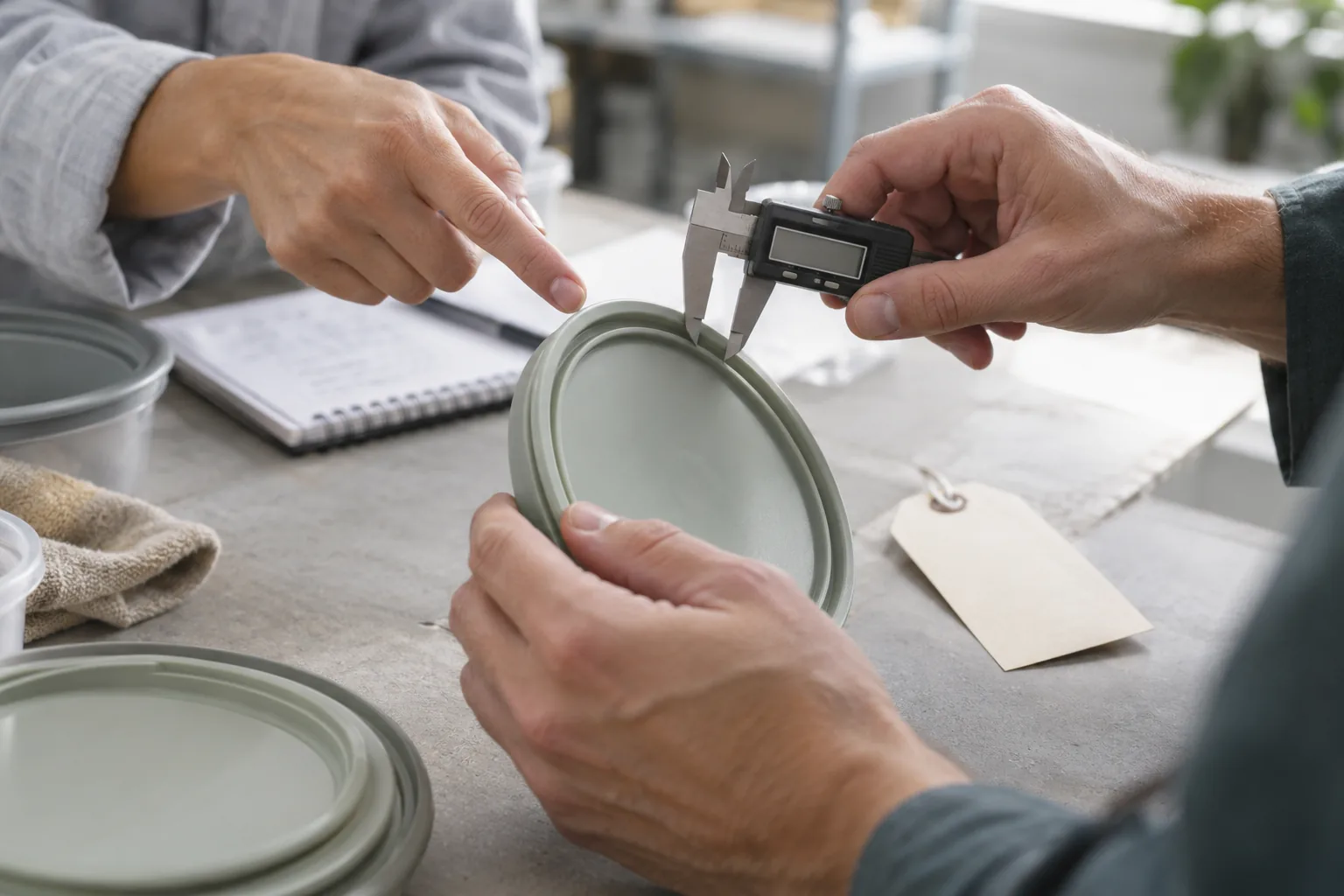 A specific fit check is more useful than a broad quality claim Hands use a digital caliper to check the rim of a plain reusable food container lid