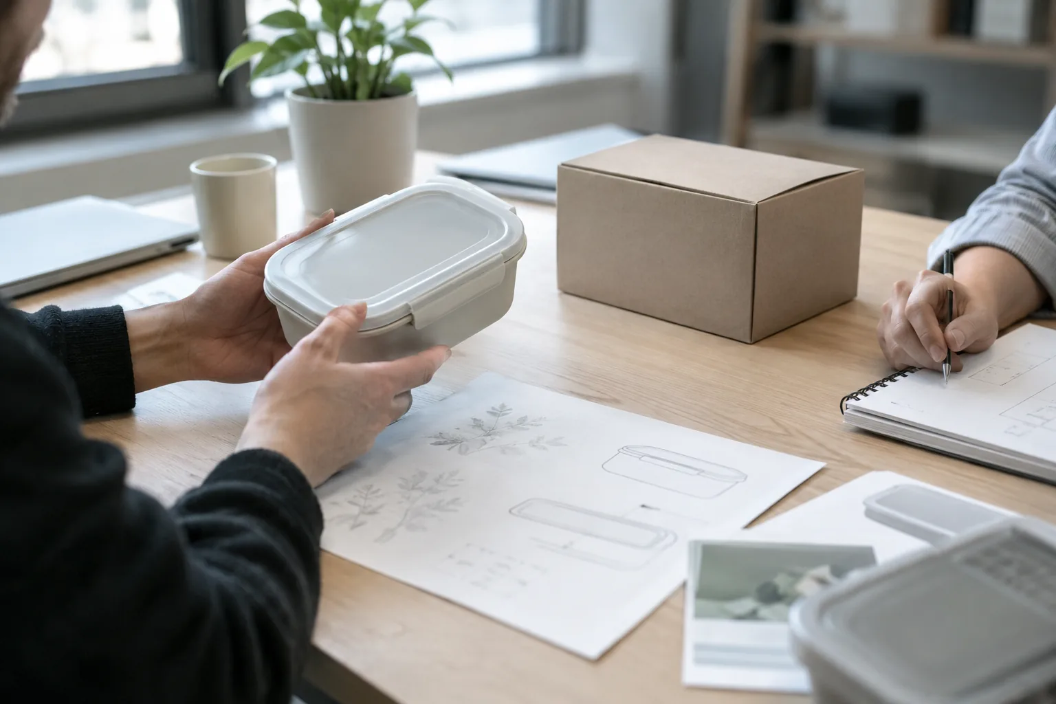 A tableware OEM case study should connect the product sample to documented buyer decisions Buyer reviews an unbranded reusable food container sample beside a plain package and project notes