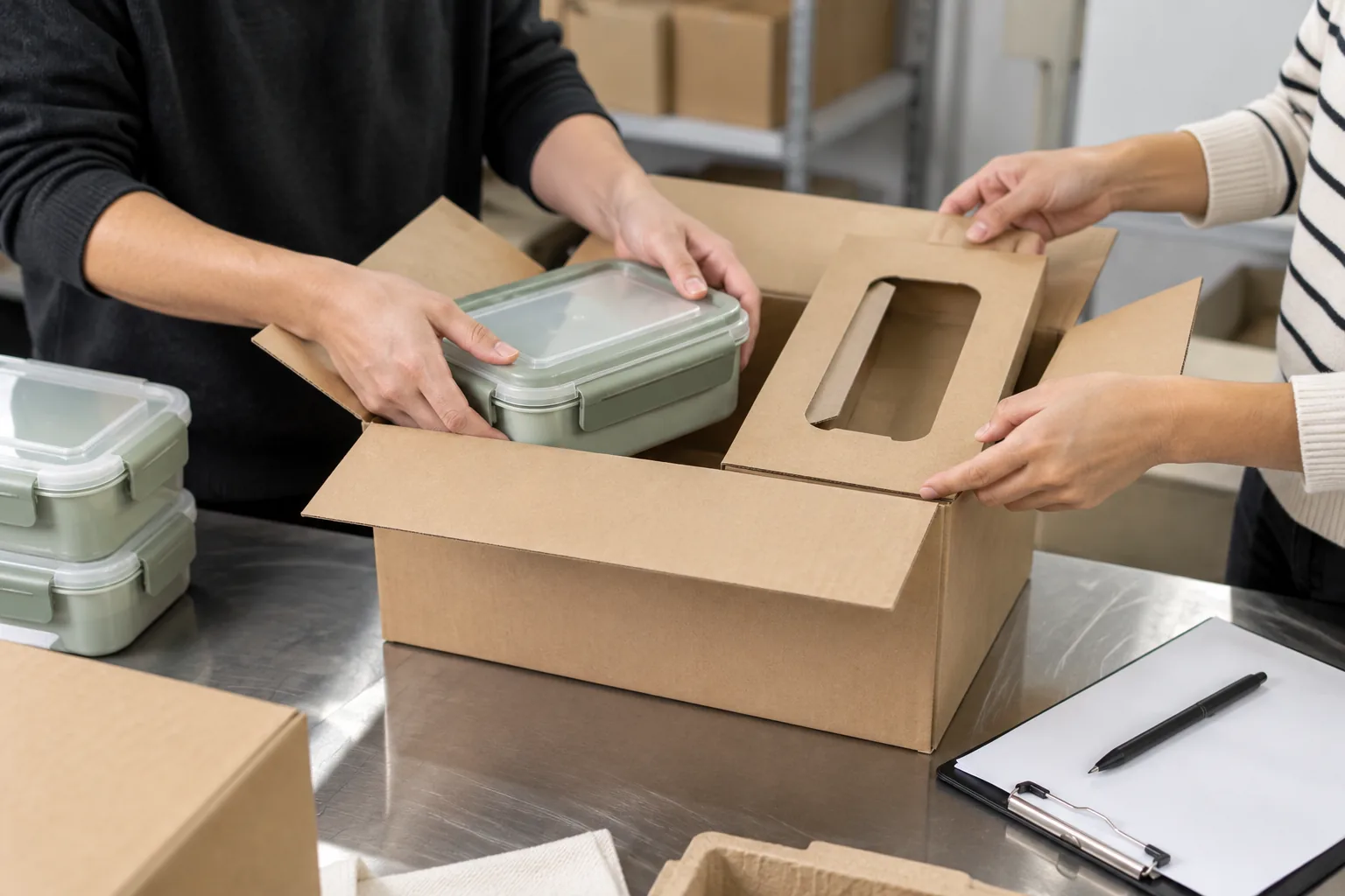 A packaging fit review is a useful, specific milestone in a tableware case study Two people check how an unbranded lunch container fits in a plain cardboard retail insert