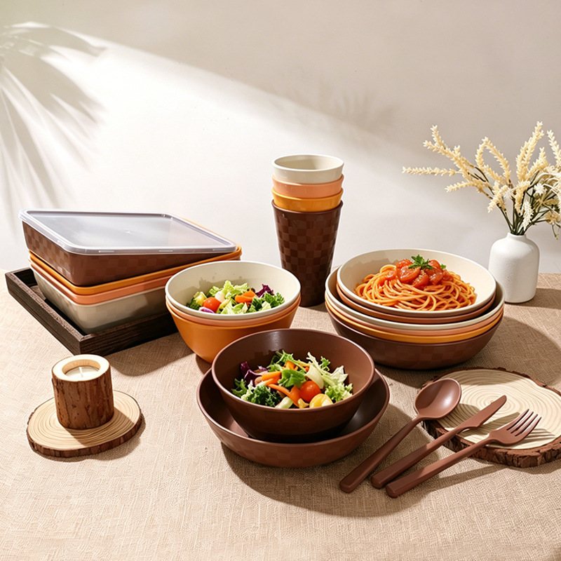 Individual bowls plates cups and cutlery arranged together