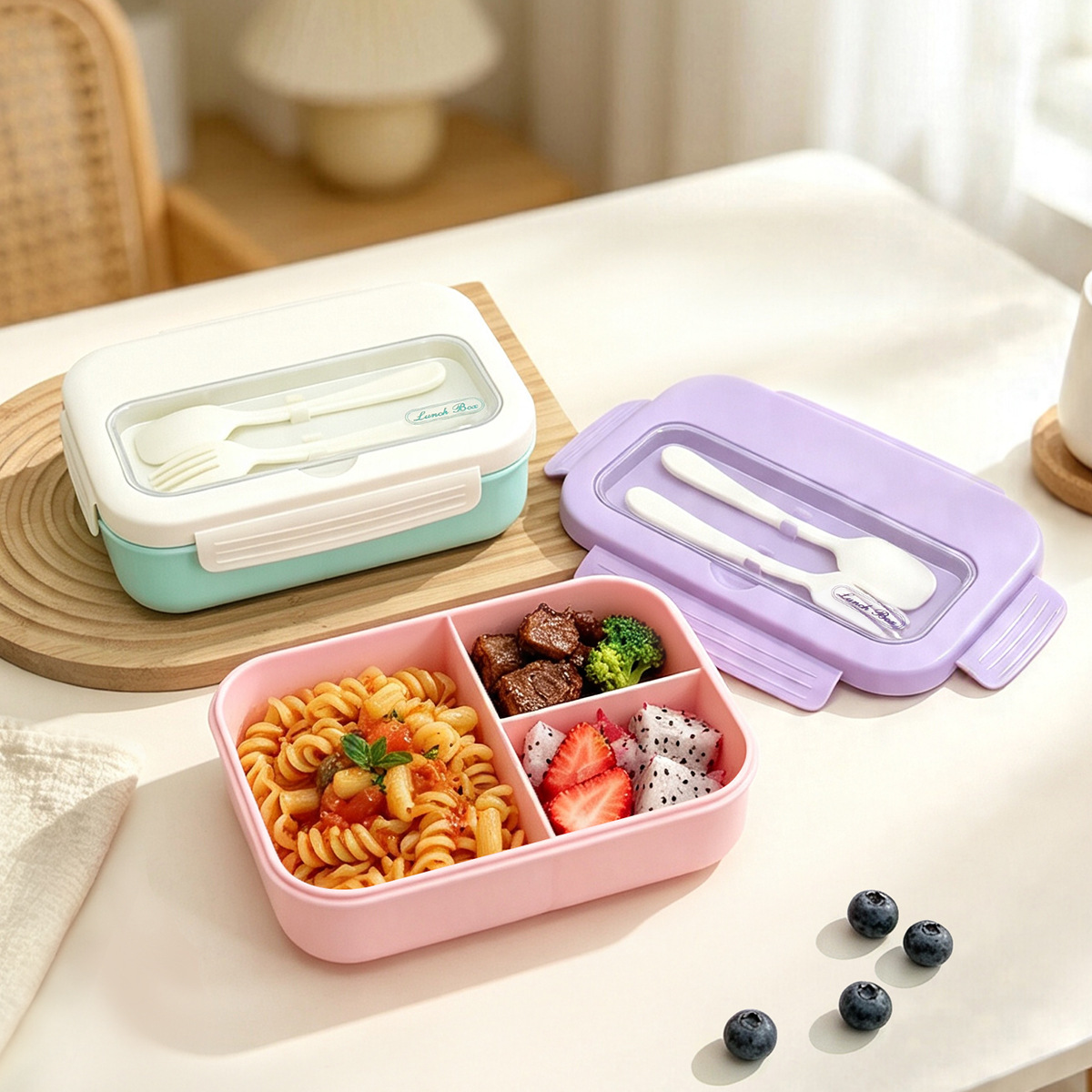 Open compartment lunch box with its lid and cutlery