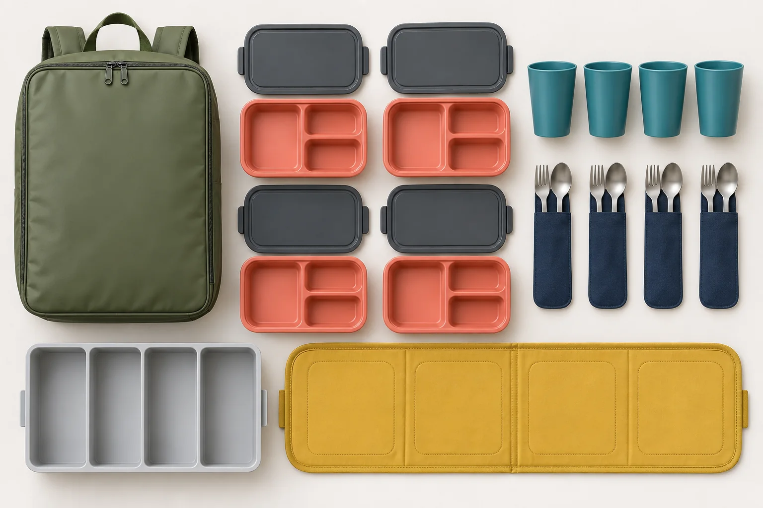 Complete portable dining set arranged as a flat lay