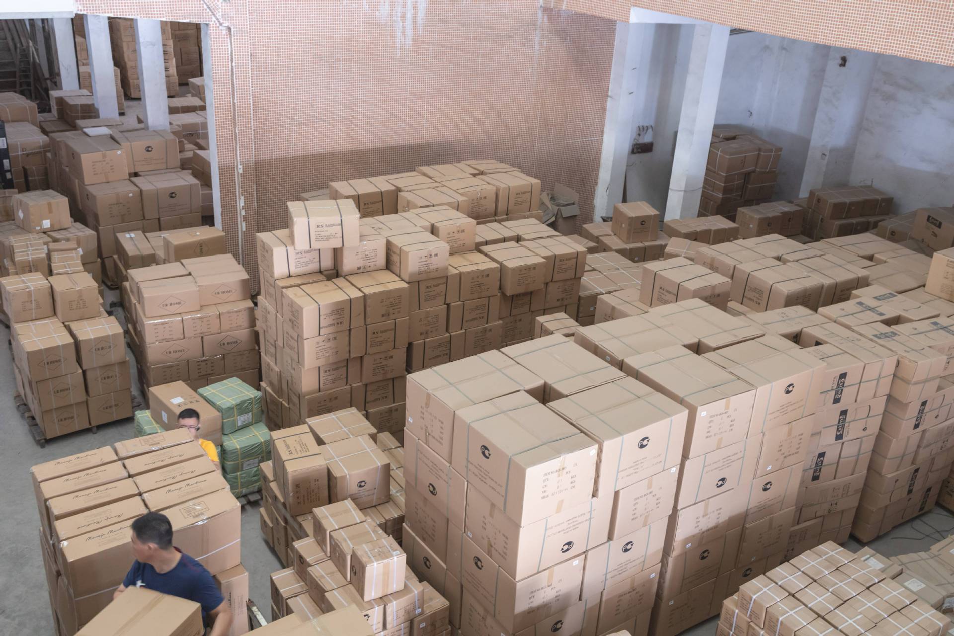 Packed export cartons organized in the warehouse