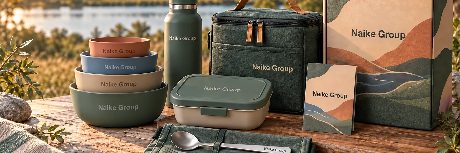 Naike Group branding applied to portable tableware and retail packaging