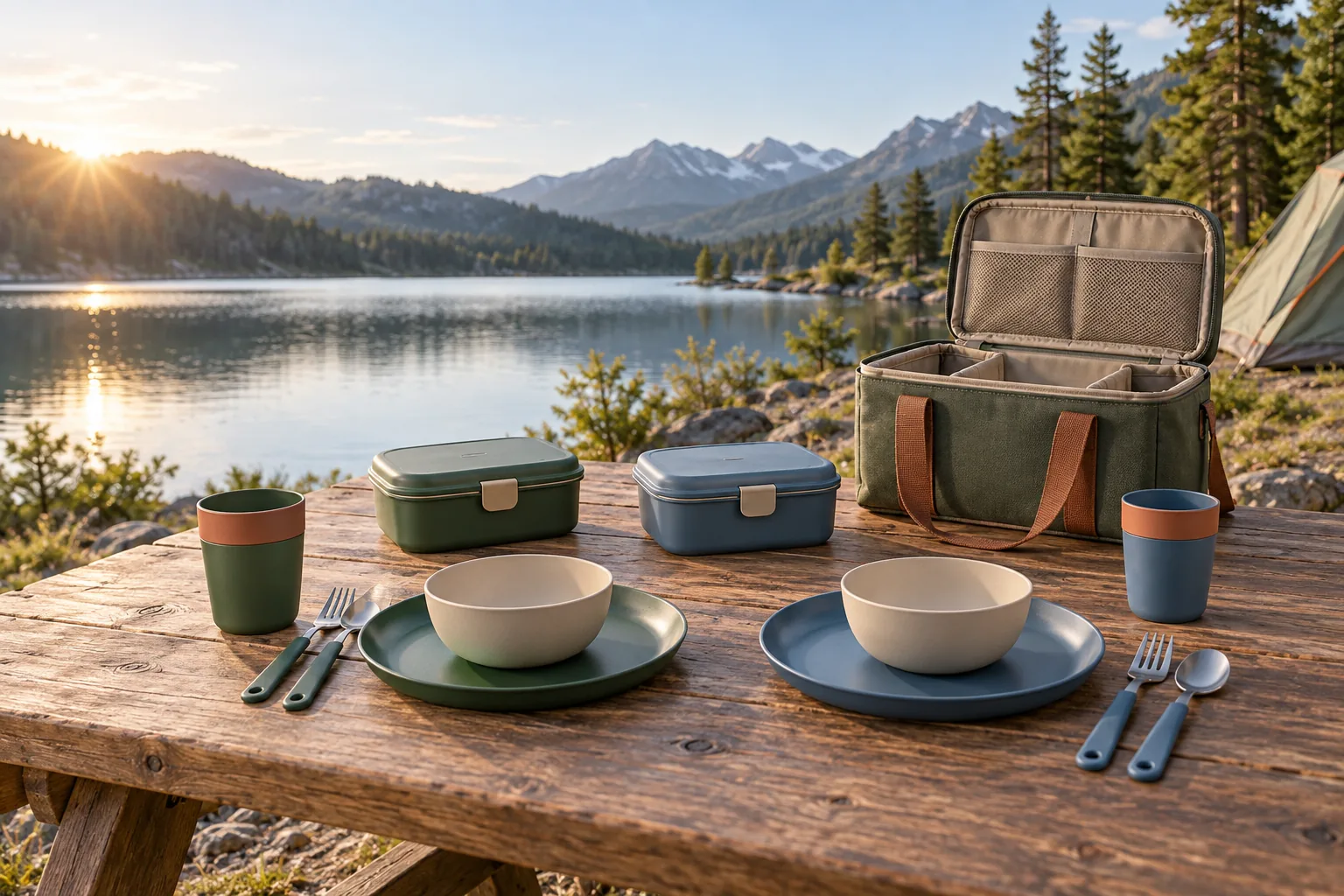 Complete portable meal system with carry bag at a lakeside campsite