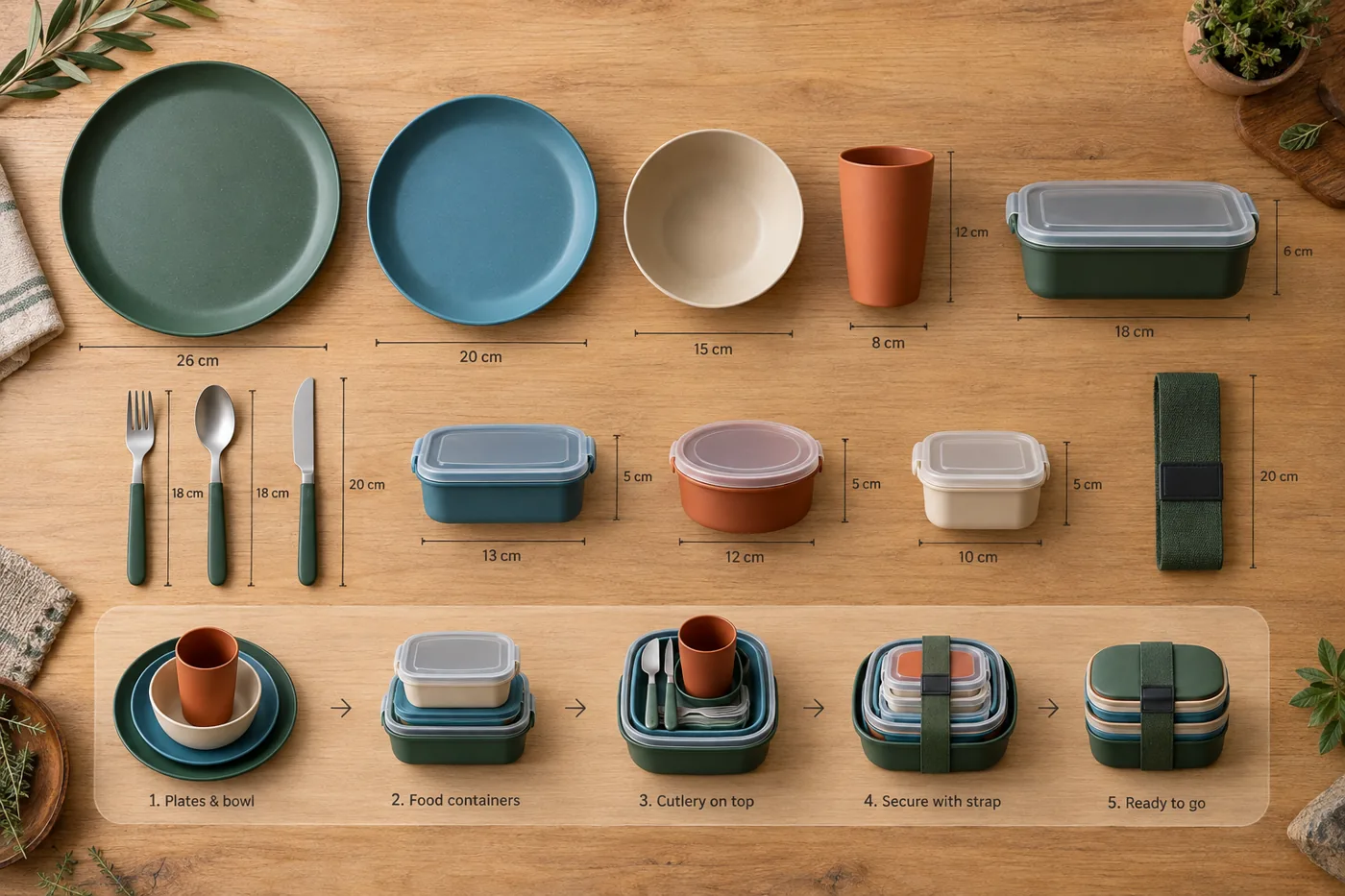 Portable tableware component layout showing nesting and dimensional relationships