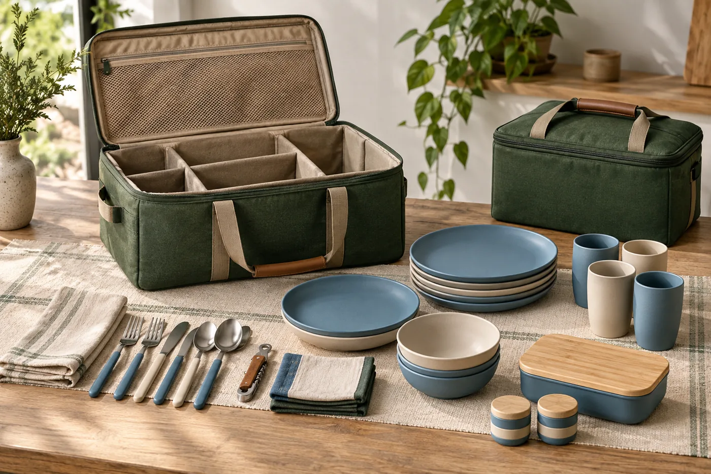 Open carry case showing internal dividers and organized tableware storage