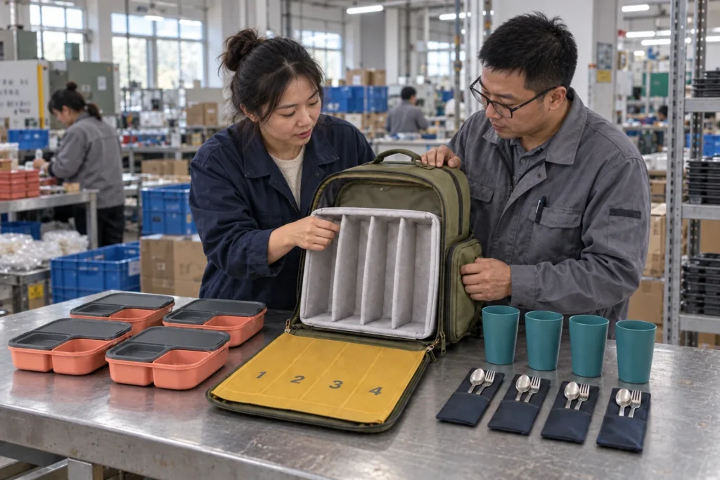 Education coordinator and buyer inspecting a four-student dining kit