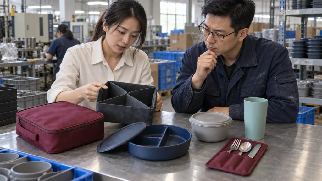 Mobility and procurement staff inspecting crew layover tableware