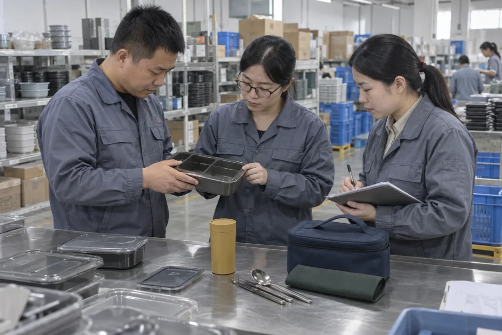 Chinese tableware factory procurement and quality team inspecting a workforce meal kit