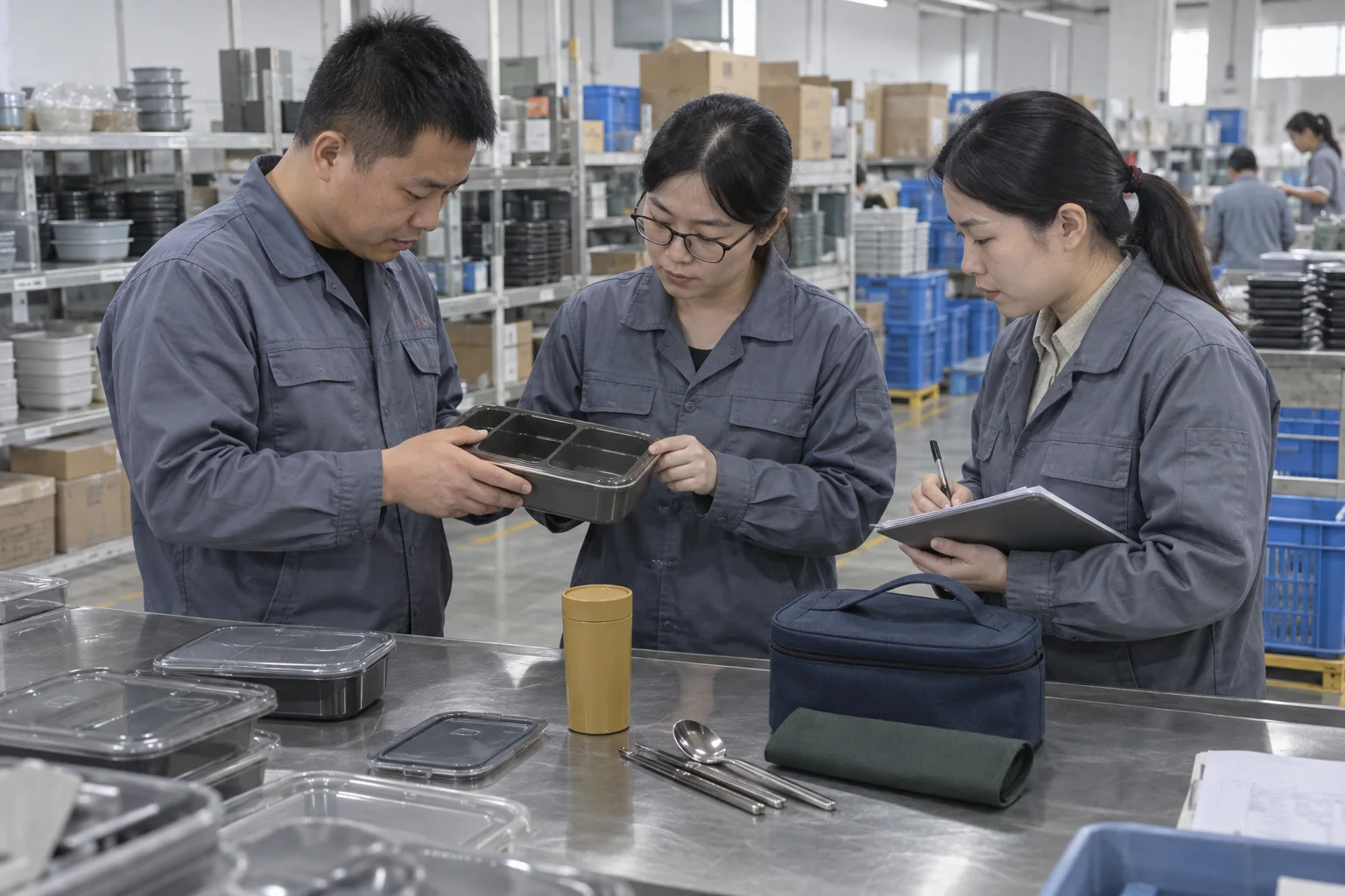 Factory Workforce Meal Kit Procurement Chinese tableware factory procurement and quality team inspecting a workforce meal kit
