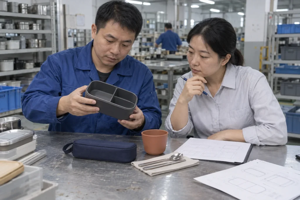 Custom portable tableware manufacturer selection with Chinese product engineer and procurement reviewer — AI-generated conceptual illustration