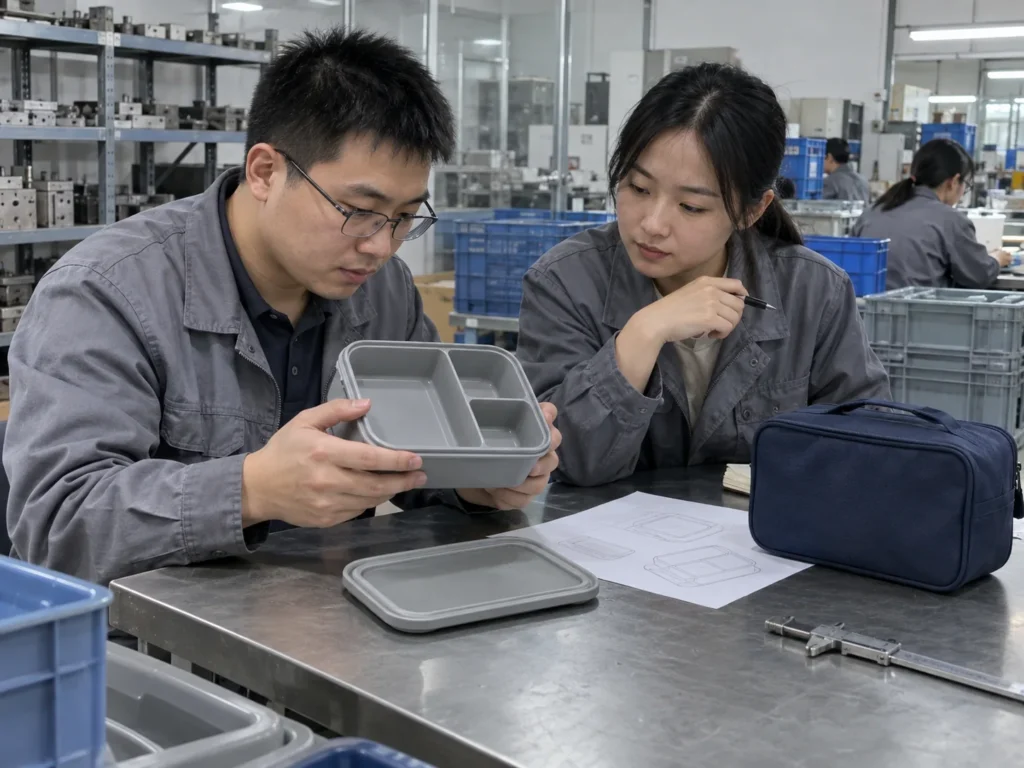 Chinese tableware engineers examining divided lunch box and carry case — AI-generated conceptual illustration