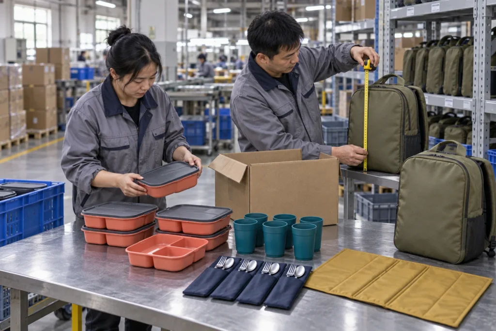 Staff checking backpack fit in a parked coach luggage bay