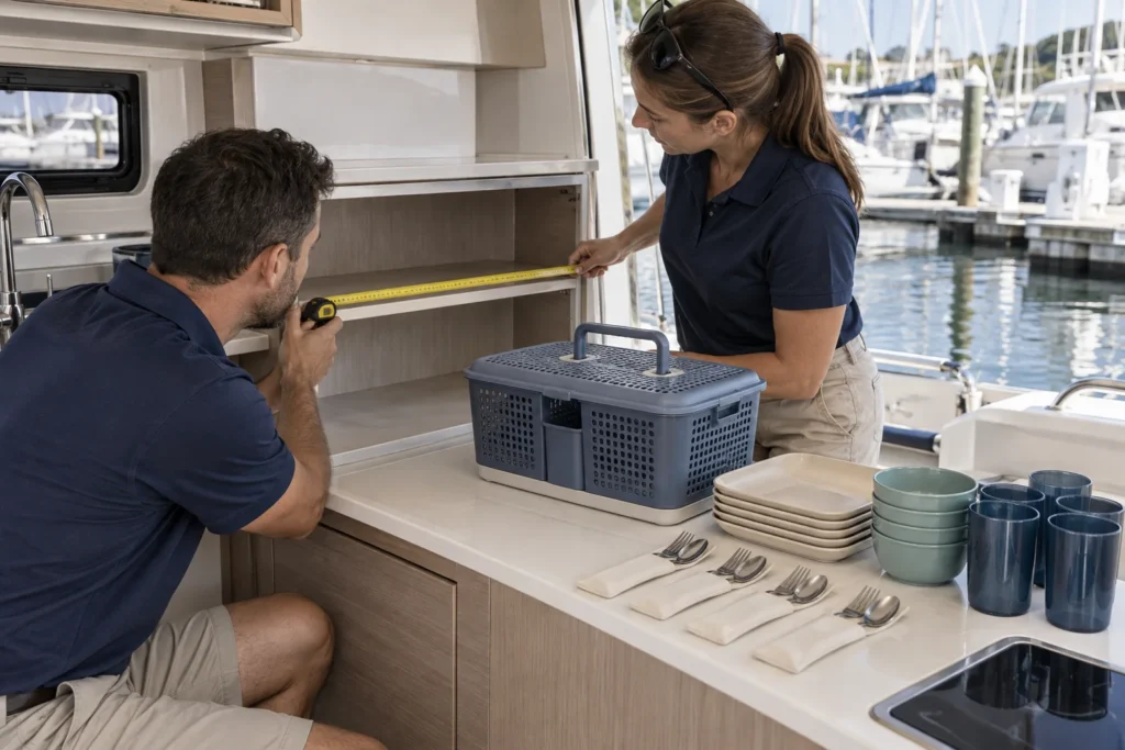 Staff measuring a docked boat galley shelf for a marina dining caddy