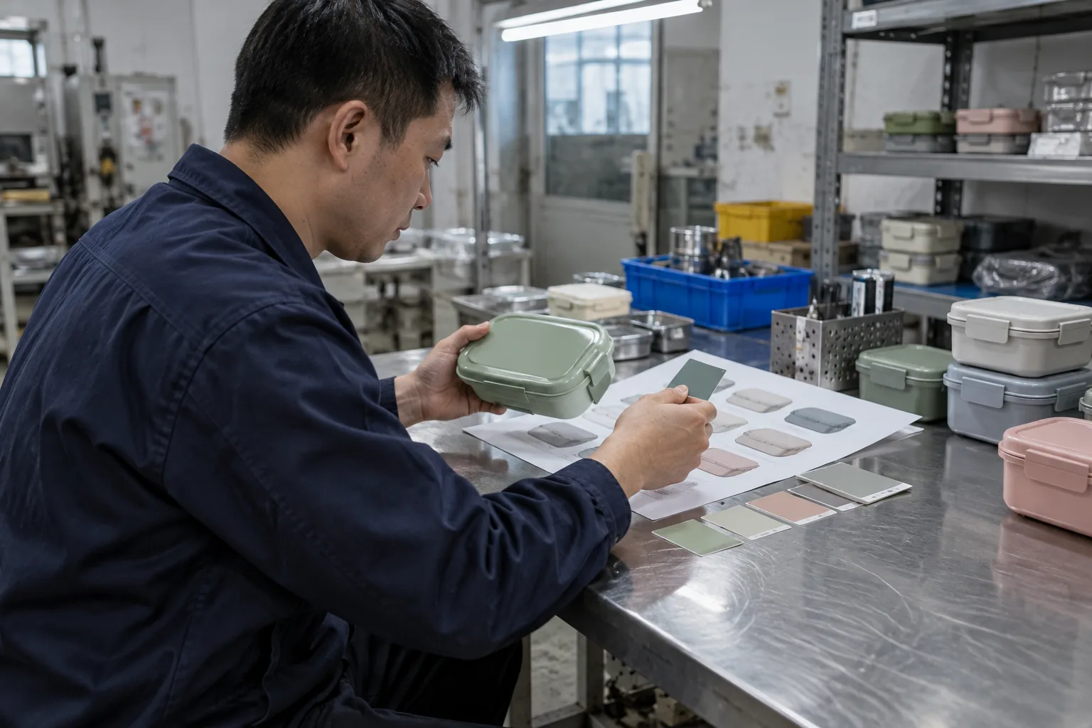 Chinese tableware factory team reviewing an OEM portable dining set specification
