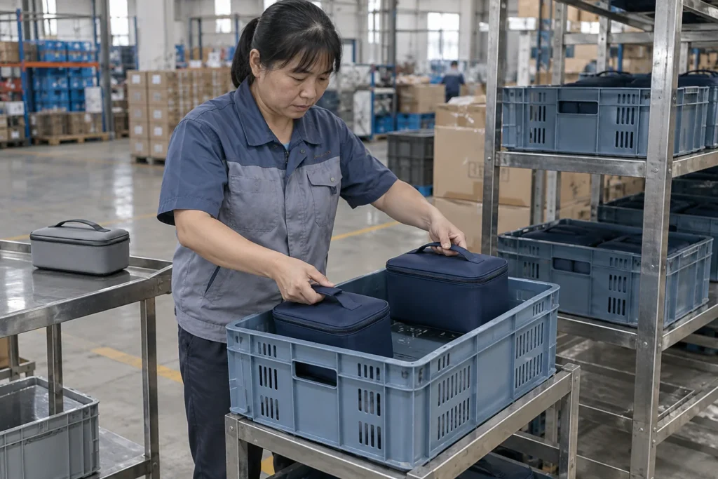 Chinese warehouse worker checking closed meal kit cases in a turnover crate and issue rack