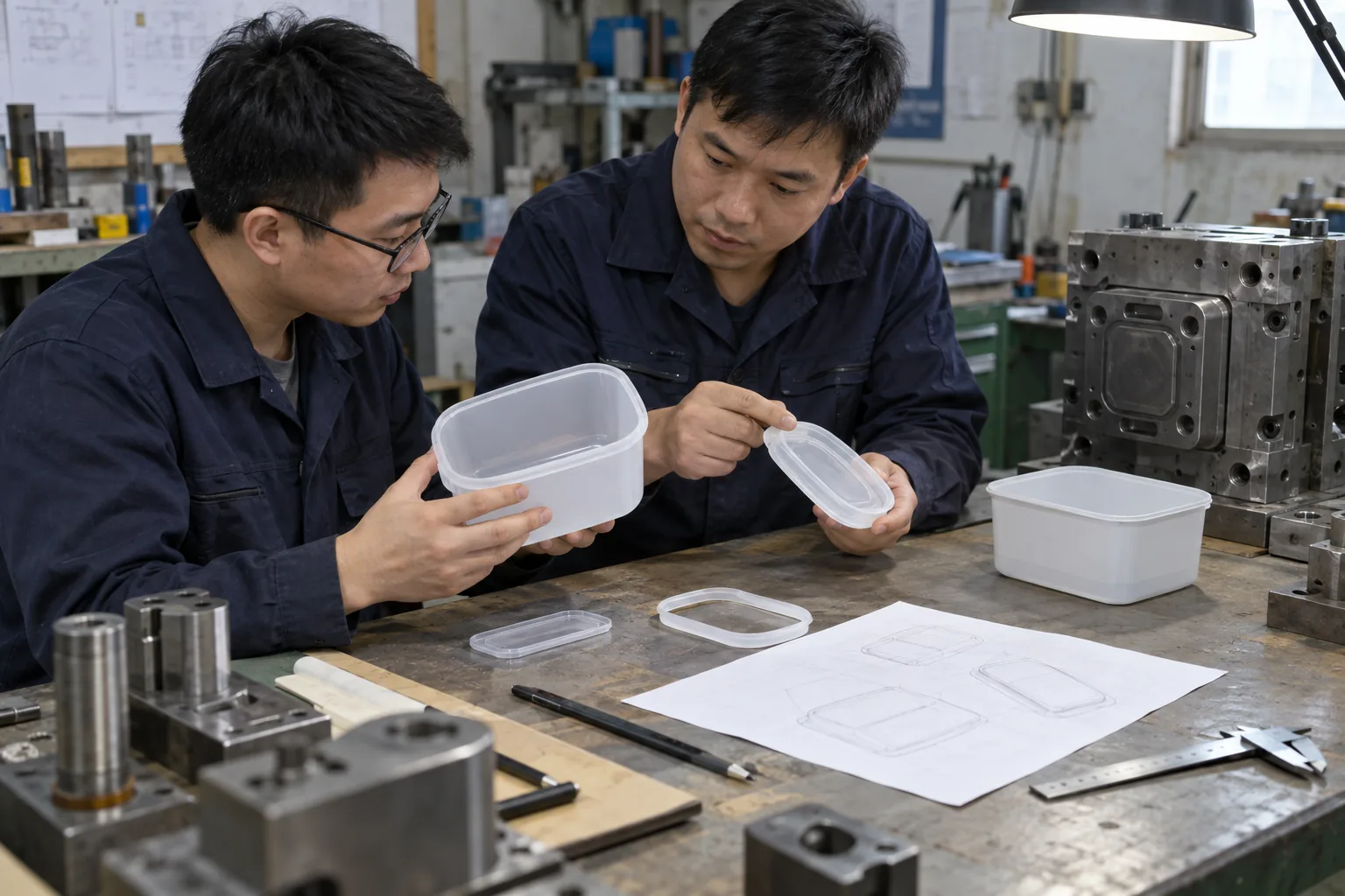 Chinese manufacturing engineers comparing ODM portable dining set components