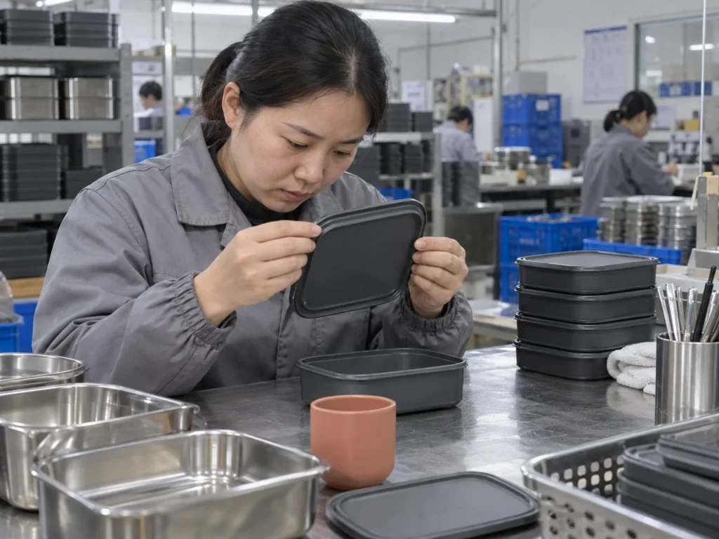 Chinese tableware quality inspector examining a lunch box lid — AI-generated conceptual illustration
