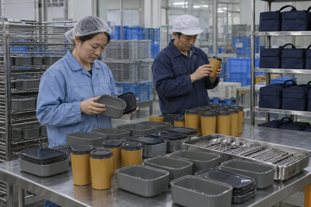 Chinese factory staff inspecting clean dry meal kit components before reissue