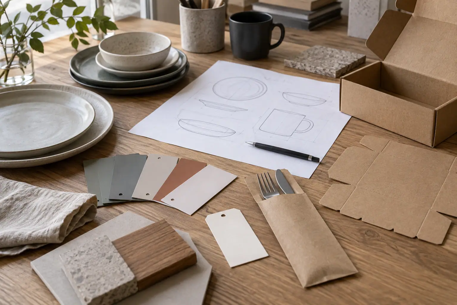 Tableware packaging and brand artwork review on a manufacturing worktable