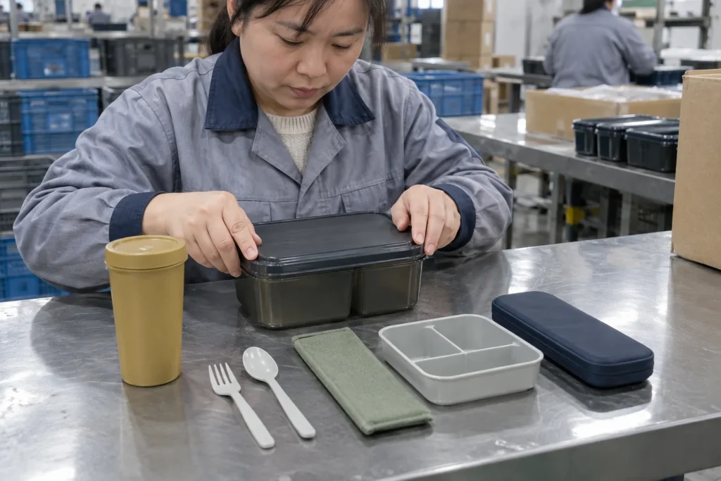 Chinese quality inspector checking component count and lunch box lid fit