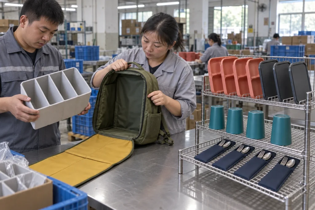Staff inspecting backpack insert and drying reusable components