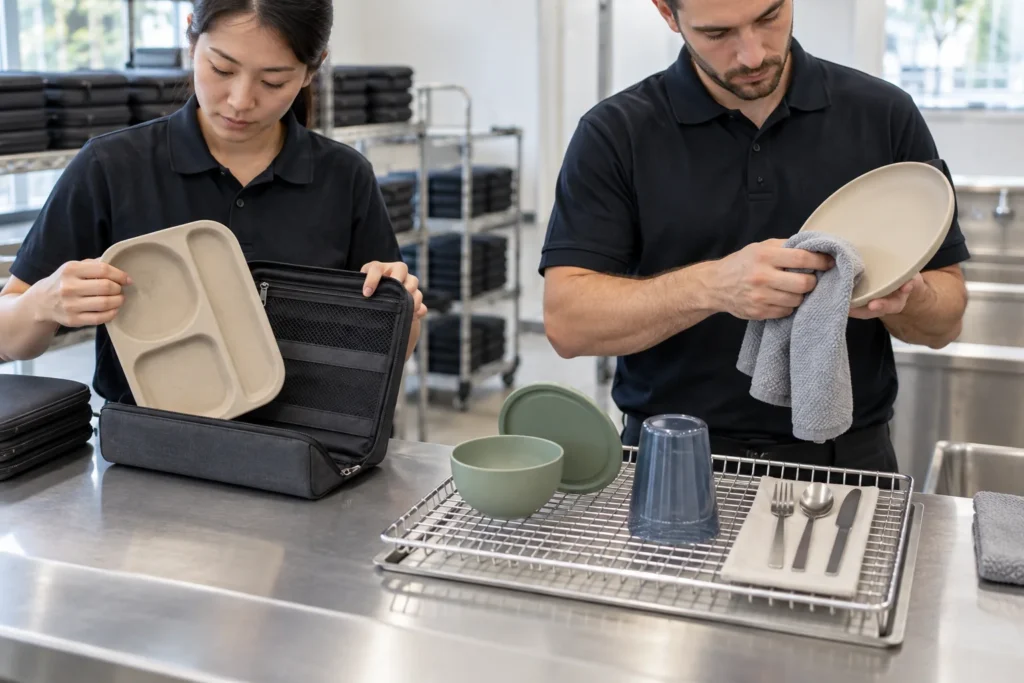 Staff inspecting folio cradle and drying reusable travel tableware