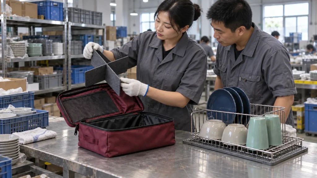 Service hub staff inspecting divider cube and drying reusable tableware