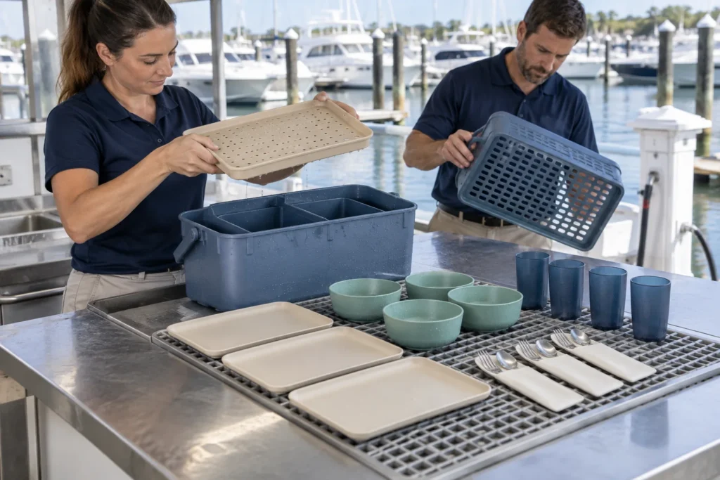 Staff inspecting drip tray dividers and drying reusable tableware