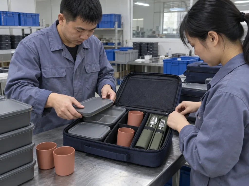 Chinese factory staff reviewing a modular portable tableware packout — AI-generated conceptual illustration