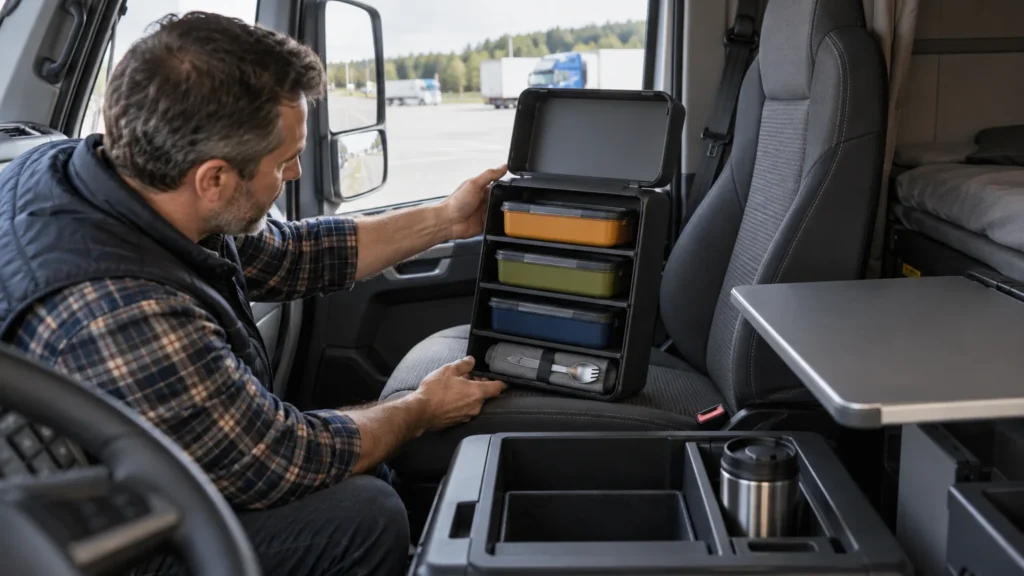 Fleet manager checking three shelf meal case fit in a parked truck cab