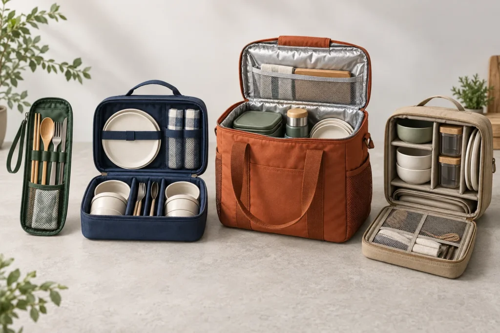 Four distinct tableware carry bag architectures from compact pouch to modular family case