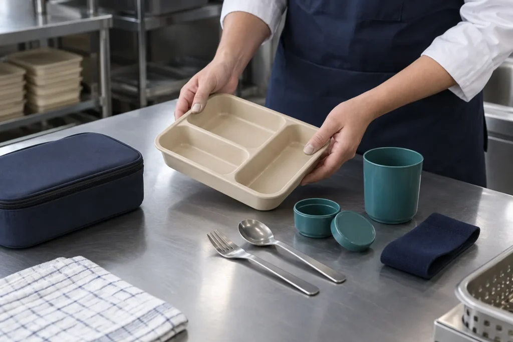 Operations team reviewing reusable rail meal kit cleaning and turnaround