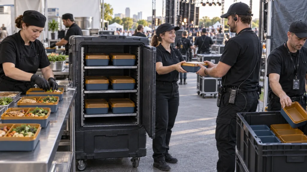 Backstage meal preparation distribution and return workflow