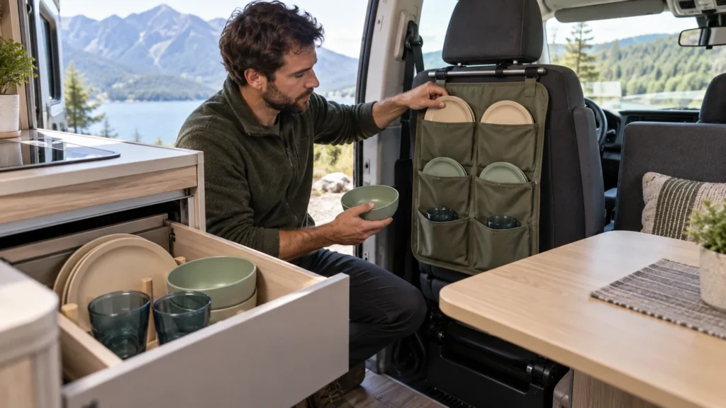 Fleet manager checking dining components against vehicle storage and organizer positions
