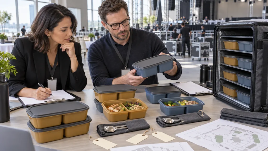 Procurement team reviewing event crew meal kit components and carrier layout