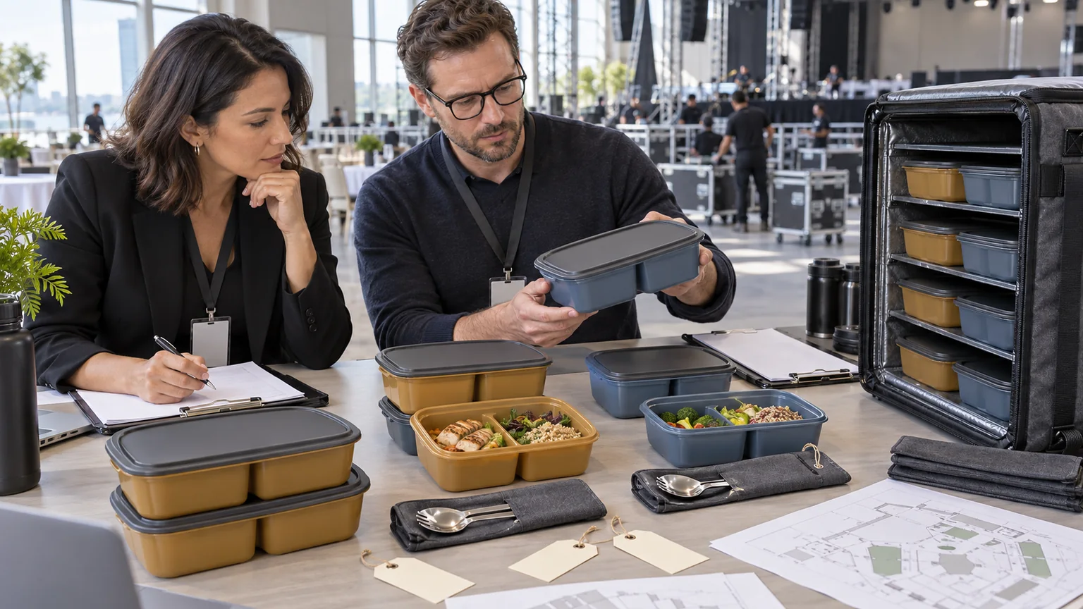Procurement team reviewing event crew meal kit components and carrier layout