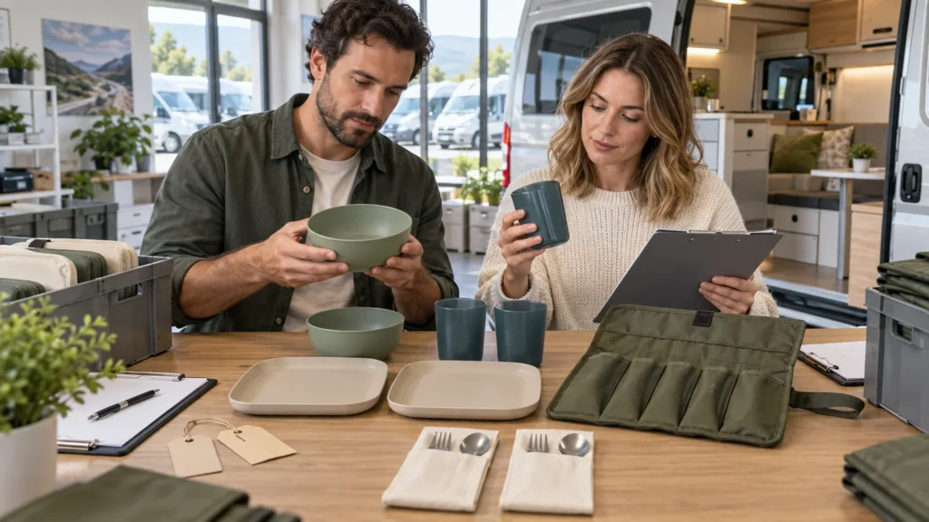 Rental fleet buyers reviewing a campervan travel dining kit