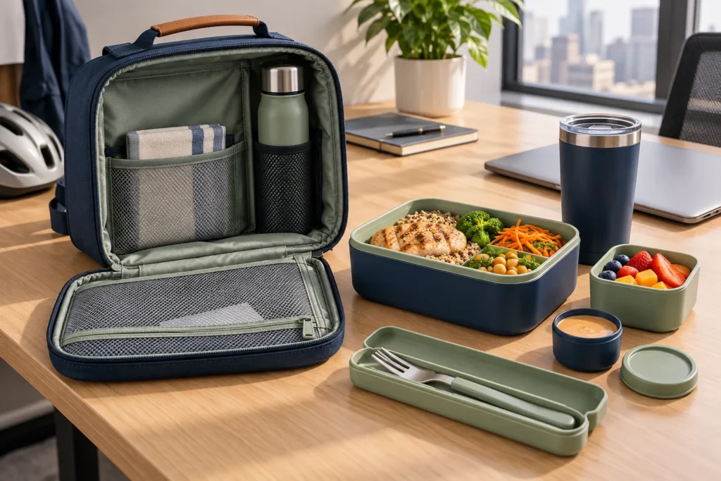 lunch box with carry bag showing components, packing structure and carry format