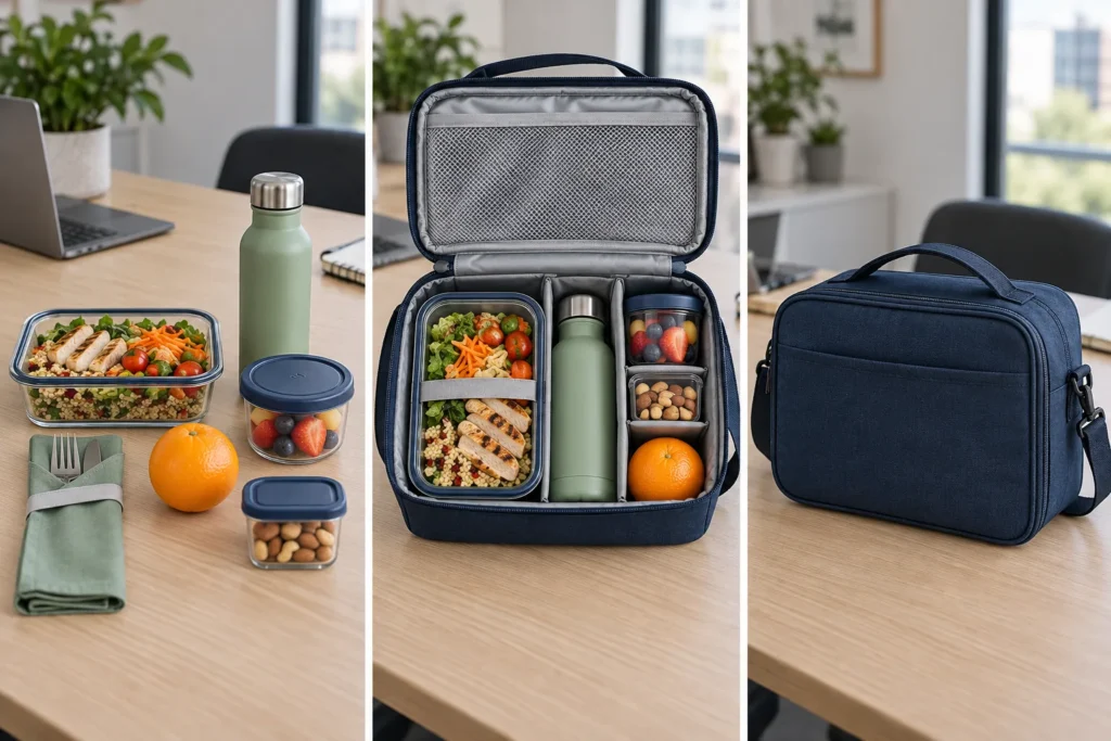 Lunch set shown before packing inside an organized insulated bag and as a closed carry format